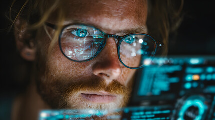 eyes of focused male IT specialist analyzing complex data streams, surrounded by augmented reality holograms and artificial intelligence visualizations, symbolizing advanced techno