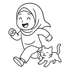 A black and white cartoon of a young girl wearing a hijab and a cat joyfully running together, perfect for a coloring page.
