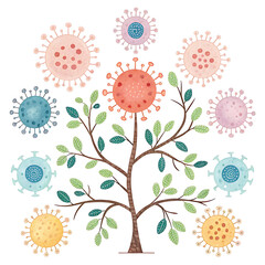 Virus-Themed Artwork, Tree with Abstract Viruses, Creative Illustration, Digital Design, Colorful Environment, Artistic Viewpoint