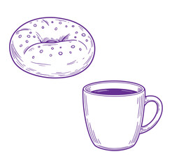 Hand drawn outline illustration of bagel and coffee cup for morning breakfast
