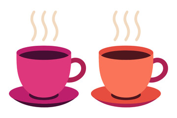 Obraz premium Two cups of coffee with steam rising from them. One is pink and the other is orange. The cups are on a white background. Vector.
