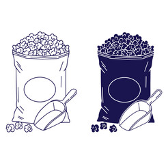 Vector illustration of popcorn bags and scoops in two different color variations