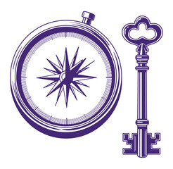 Vintage compass and key illustration representing direction and guidance symbols