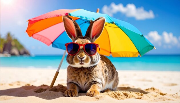 Rabbit with sunglasses outdoors