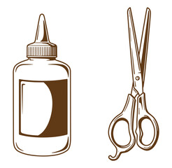 Vintage style illustration of glue bottle and scissors for craft and hair styling purposes