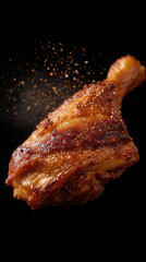 Crispy roasted turkey leg with spices on black background