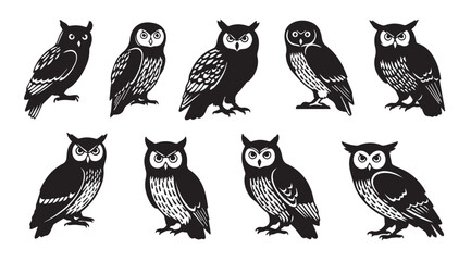 Collection of ten detailed owl silhouettes in various poses