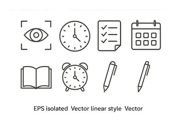 Collection of linear style icons featuring clock, calendar, and stationary items