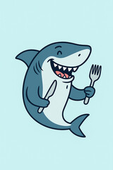 Naklejka premium Funny Cartoon Shark Holding Knife and Fork with Hungry Expression
