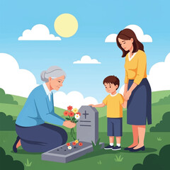 A three-generation family with a grandmother, mother, and son visiting a loved one's grave in a cemetery.
