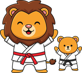 Cartoon lion and bear in martial arts — cheerful animal duo in white uniforms with belts in playful training-themed character scene