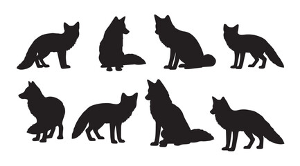 Collection of black fox silhouettes in various poses against a white background