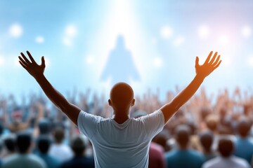 A person with arms raised in worship or reverence faces a luminous, blurry figure above a crowd, symbolizing spiritual awakening.