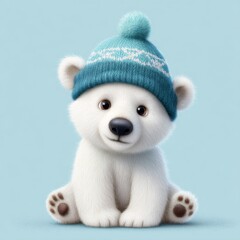 Cute polar bear cub wearing a blue knit hat sitting against a light blue background