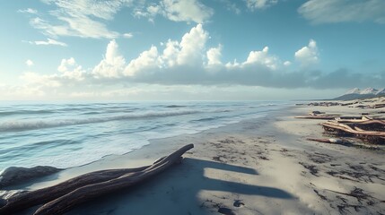 Driftwood on sandy beach under clear sky high resolution picture