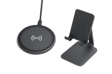 Wireless charging pad and phone stand isolated on transparent background.