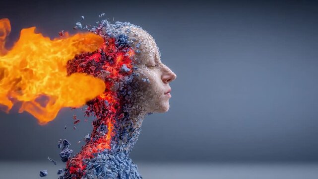Melting Mind: A surreal portrait of a person's head, depicting the concept of mental fragility with the vivid contrast of fire and ice. 