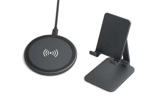 Wireless charging pad and phone stand isolated on transparent background.