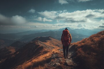 Fototapeta premium Hiker Walking Along Mountain Ridge Trail