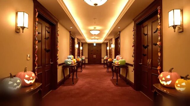 Soft-lit hotel hallway glowing with rows of pastel jack o lanterns, doors hung with tiny bats and candy garlands for a playful welcome