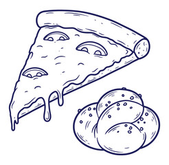 Hand drawn illustration of pizza slice and bread rolls isolated on white background