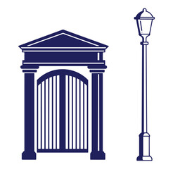 Vector illustration of elegant gate with columns and classic street lamp on white