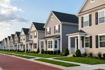 Obraz premium New residential developments showcase modern homes suburban neighborhood real estate photography clear skies eye-level view