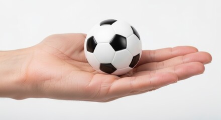Fototapeta premium Open human hand cradles a miniature black and white soccer ball against a bright plain background