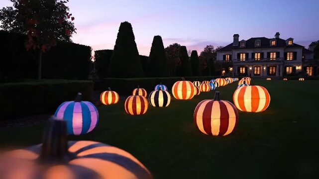 Wide luxury mansion lawn at dusk dotted with glowing pumpkins painted in bold geometric stripes, hedges trimmed and soft light