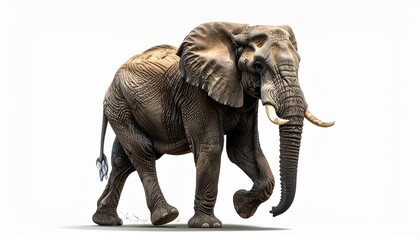 Obraz premium Single adult elephant walking on dry terrain with lifted front leg and hanging trunk, isolated against white background to emphasize majestic form and textured skin.