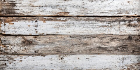 Naklejka premium Weathered wooden planks with peeling white paint and visible grain texture