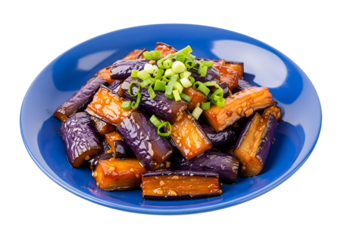 A vibrant dish of pan-fried eggplant, glistening with a rich sauce and topped with fresh green onions.