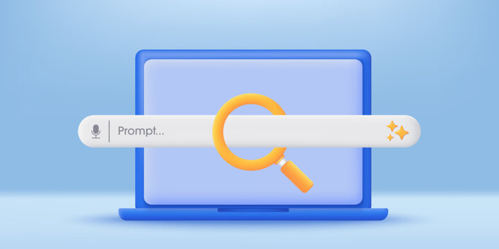 3D laptop with an AI generative bar icon. Concept of Artificial Intelligence. Input prompt as commands for analyzing data and generating idea by AI. Minimalist cartoon icon. Modern vector in 3D style