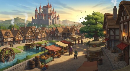 A picturesque medieval town square, bustling with activity, under a warm golden light, showcases a grand castle in the background.