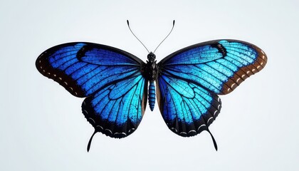Obraz premium Striking blue butterfly with intricate wing patterns, poised against a pristine, light backdrop, creating a sense of delicate wonder and nature's artistry