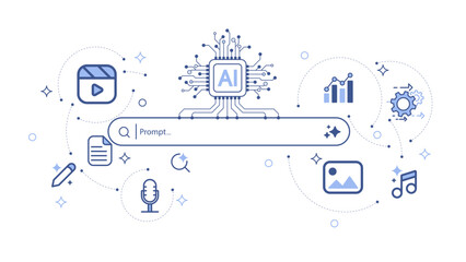 Artificial intelligence technology concepts. AI chipset with generative bar and media icon. Machine learning and generate. Input prompt as commands for search and generate. Vector illustration.