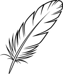 Fototapeta premium A simple black and white outline drawing of a single bird feather isolated on a white background.