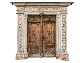Fototapeta premium Ornately carved wooden door isolated on transparent background.