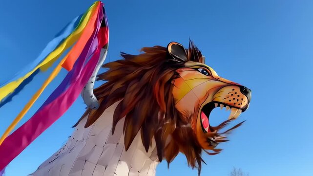 Colorful lion kite against a clear blue sky