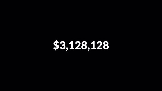 Dollar counter animation from 0 to 5,000,000 numbers on a transparent background, Animated Dollar Numbers from zero to five million with alpha channel, USD counting animation of fifty lac in 4k.