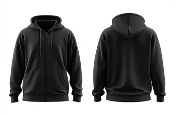 Front and back view of a black zip-up hoodie.  Blank template