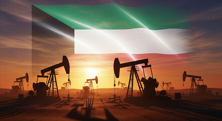 Naklejka premium Kuwait's oil industry is represented by numerous oil pumps under a sunset sky, with the Kuwaiti flag waving in the background.