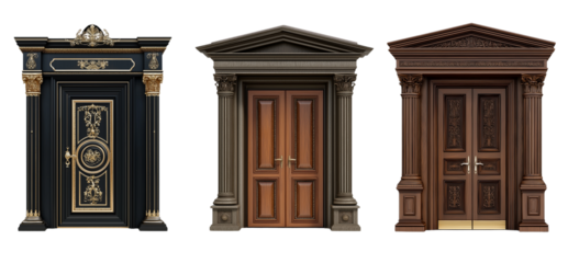 different doors isolated on a white background: an antique door with dark wood and gold accents, a classical greek door in black with golden details