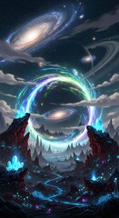 A vibrant, otherworldly landscape showcases a glowing, celestial ring of light, surrounded by a vast expanse of stars and galaxies.