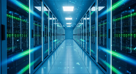 A futuristic data center corridor with server racks and glowing blue and green light trails representing high-speed data transfer and network infrastructure.
