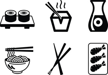Asian cuisine icons in black and white silhouette sushi chopsticks