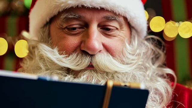 Santa Claus sits in the warehouse of his factory and keeps a record of gifts. Warehouse of gifts of Santa Claus. Accounting and distribution Christmas gifts for all children on the planet.