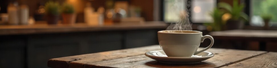 A closeup shot of a steaming hot coffee cup placed on a rustic wooden table in a cozy cafe, with plenty of copy space available , coffee, latte