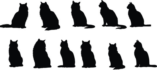 Black cat silhouettes sitting in various poses, domestic feline vector collection, isolated animal shapes, pet graphic icons for design and decoration