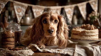 Vintage Tea Party Delight: Elegant Cocker Spaniel with Homemade Cake in a Cozy Cottage Kitchen